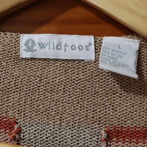 Wildroot Retro Ruffle Vintage Cardigan Sweater LG Shades of Brown Geometric - Picture 11 of 13